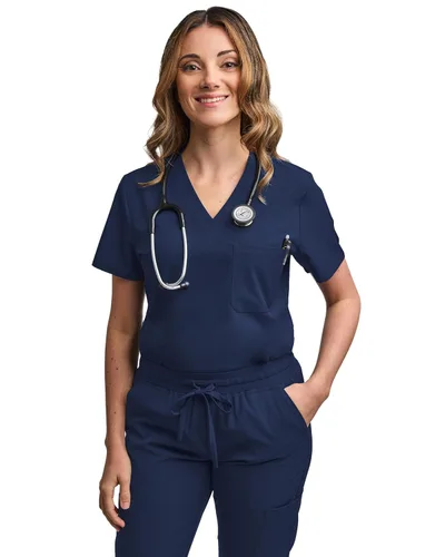 Vista 3 de Green Town - Conjunto de ropa quirúrgica para mujer, pantalón jogger y blusa con cuello en V, 5 bolsillos, banda de yoga, uniforme de enfermería