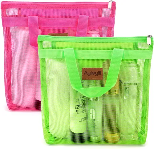 Vista 9 de Hommtina 2 bolsas de malla de ducha de secado rápido para colgar artículos de tocador y baño organizador para viajes y natación con cremallera