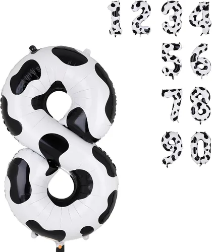Vista 11 de Globos con estampado de vaca de 40 pulgadas, globo de número 0 blanco y negro con temática de vaquera, suministros de decoración de fiesta