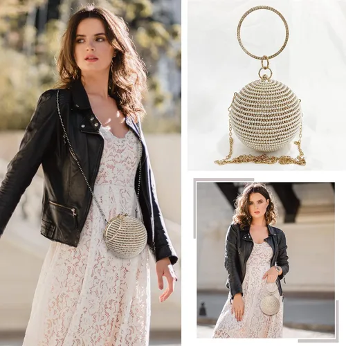 Vista 7 de Bolso de noche para mujer, bolso de mano redondo con cuentas de perlas, bolso de mano con diamantes de imitación