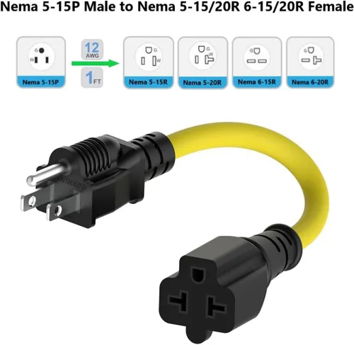 Vista 2 de Cable adaptador de hoja T de 1 pie y 15 amperios para el hogar a 20 Amp T NEMA 5-15P a 5-20R 5-15R 6-15R 6-20R (4 en 1) Cable adaptador de enchufe