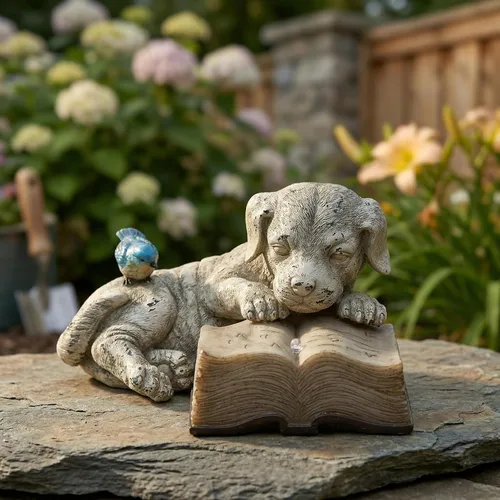 Vista 9 de Topadorn Estatua de jardín solar para cachorros con libro LED brillante, perro de resina pintado a mano con pájaro azul, decoración de patio al aire