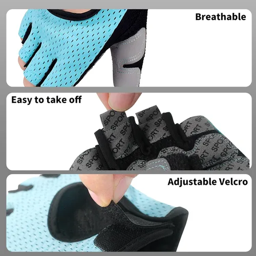 Vista 4 de Guantes de ciclismo para hombres y mujeres, sin dedos, transpirables, guantes de ciclismo antideslizantes que absorben los golpes, acolchados