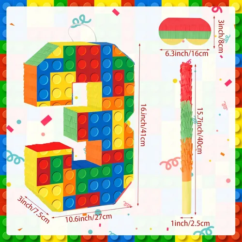 Vista 2 de Decoraciones de fiesta de cumpleaños de bloques de construcción para el tercer cumpleaños Número 3 Piñata con palo de piñata y venda para los ojos