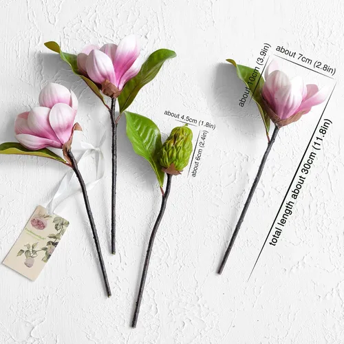 Vista 5 de FiveSeasonStuff Arreglo de flores artificiales de magnolia rosa polvoriento, con 4 tallos, ramo de damas de honor de boda, despedidas de soltera