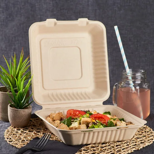 Vista 2 de KARAT EARTH Clamshell - Recipientes de alimentos para llevar (9 x 9 pulgadas, 200 unidades) Contenedores compostables para llevar, bagazo natural