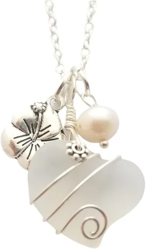 Vista 10 de Collar de cristal de mar hecho a mano, collar de corazón de alambre, collar de abalorios y perlas, joyería de cristal de mar, regalo de cumpleaños