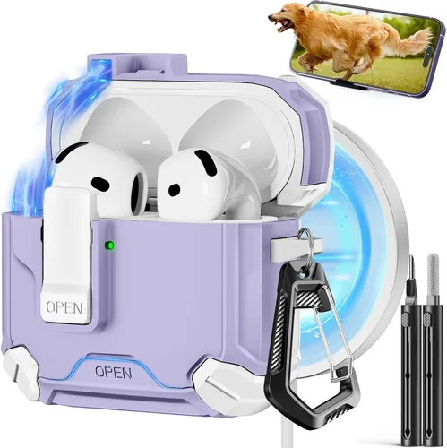 Vista 34 de Pohgelan - Funda compatible con AirPods Pro 2ª/1ª (verde) Cerradura magnética automática con kit de limpieza, compatible con Magsafe