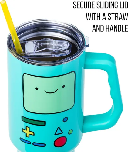 Vista 2 de Silver Buffalo Adventure Time With BMO - Vaso de acero inoxidable de doble pared con asa y pajilla, cabe en portavasos estándar, 40 onzas