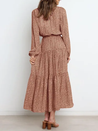 Vista 5 de PRETTYGARDEN - Vestido largo para mujer, de manga larga, cuello en V, estampado de leopardo, volantes, lazo en la cintura, estilo bohemio, de gasa