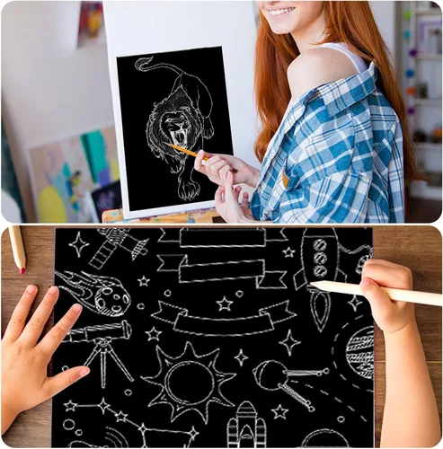 Vista 5 de HINGTAI Juego de 30 piezas de arte rascador para niños y adultos, rascador recubierto de negro con lápiz de madera, suministros de manualidades