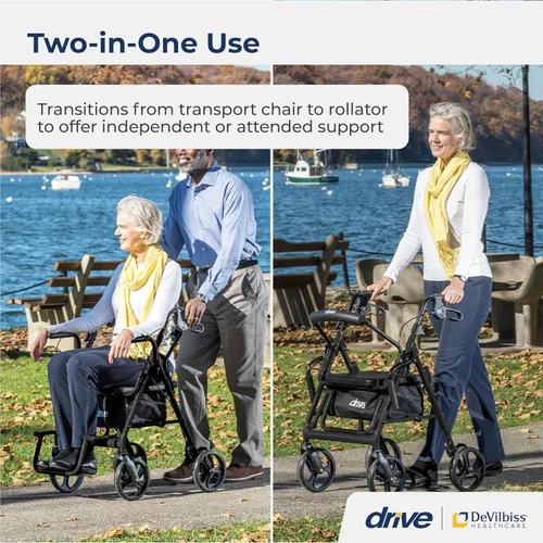 Vista 2 de Drive Medical 795BK Duet Silla de Transporte Plegable y Andador, Negro El combo de silla de ruedas y andador con ruedas plegable Duet ofrece un