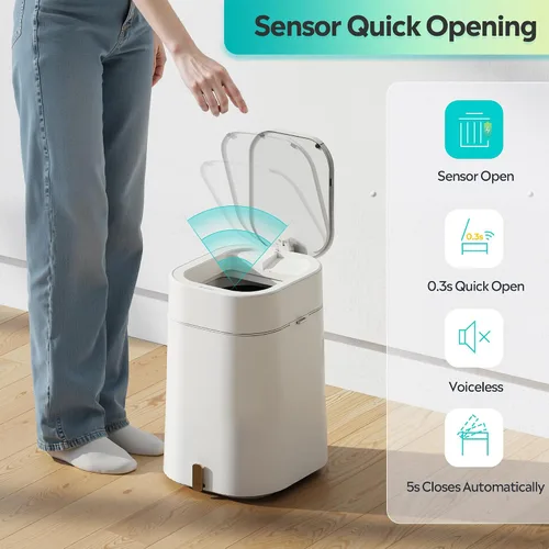 Vista 2 de WLIVE Basurero automático de baño de 3.2 galones / 12 litros, con sensor de movimiento, con anillo de fijación de bolsa, cesta de basura pequeña