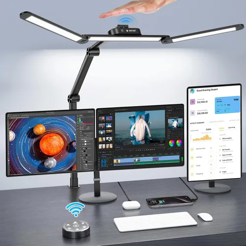 Vista 10 de Syrinx - Lámpara de escritorio LED para oficina en casa, lámpara de escritorio de arquitecto con abrazadera, control por gestos/cable, luz