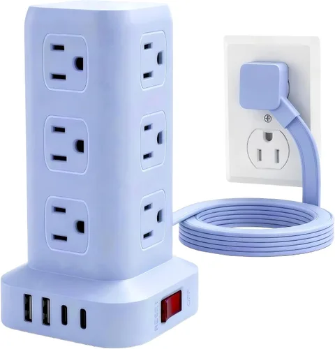 Vista 24 de SMALLRT - Cable de extensión con múltiples tomas, torre de regleta de alimentación con protector de sobretensiones, extensor de salida con 12