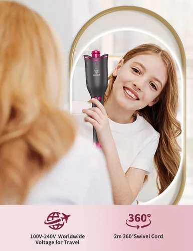 Vista 4 de Rizador automático para mujer, rizador automático giratorio de cabello largo, barril de cerámica de 1 pulgada, 4 temperaturas y 3 temporizadores