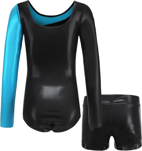 Vista 3 de MEILONGER Leotardos de gimnasia para niñas, de manga larga con pantalones cortos, trajes brillantes de una pieza para niños, colorido traje de baile