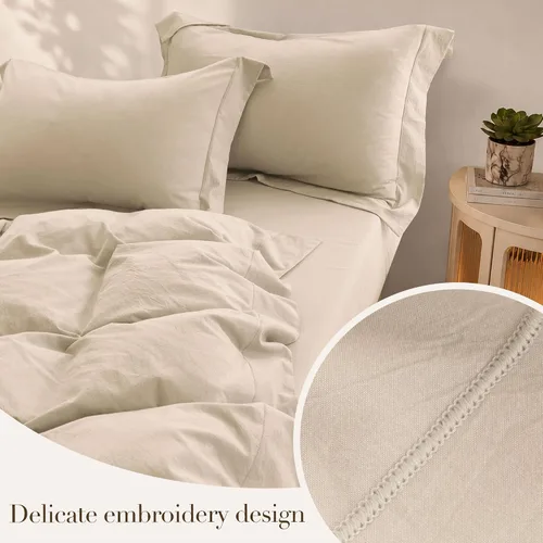 Vista 4 de Juego de funda de edredón de algodón lavado, dobladillo bordado, tamaño Queen, 3 piezas Textura transpirable y ligera de lino, ropa de cama suave