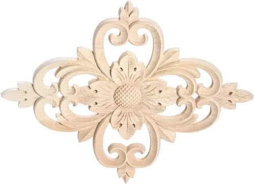 Vista 3 de MUXSAM Rhomb - Apliques de madera tallada para muebles, calcomanías de roseta de madera sin pintar, decoración central para puerta, pared, armario