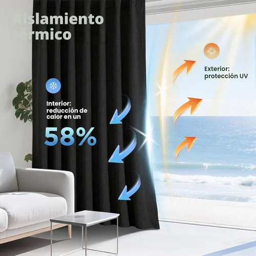 Vista 4 de Joydeco - Cortinas 100% opacas, 2 paneles de lino natural para oscurecer habitación, aislamiento térmico, trabillas traseras y bolsillo para barra