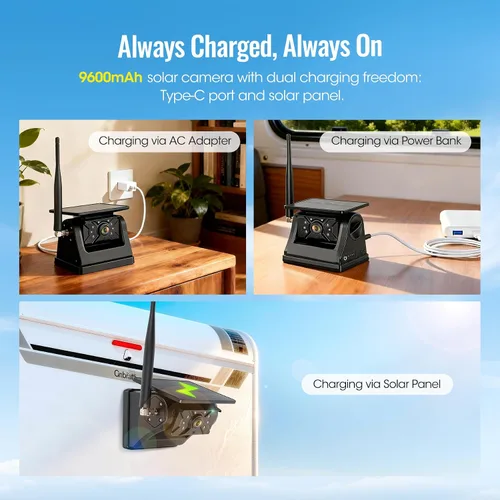 Vista 6 de Sistema de cámara de respaldo inalámbrico solar magnético, pantalla táctil IPS de 7 pulgadas con DVR, cámara de visión nocturna IR recargable