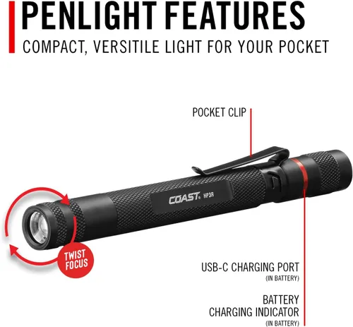 Vista 8 de COAST HP3R - Linterna LED recargable de 500 lúmenes con enfoque giratorio, color negro