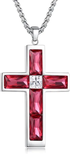 Vista 9 de Collar de cruz con piedra de nacimiento para hombre, collar de cruz de acero inoxidable 316L con colgante de cruz de circonia cúbica para mujer
