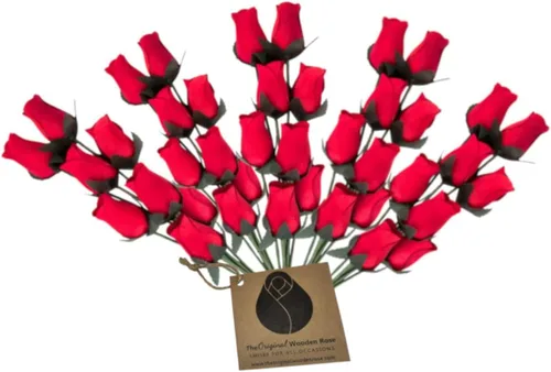 Vista 48 de 6 rosas de madera negras medio abiertas para manualidades, ramos personalizados y otros proyectos. 16 colores para elegir. Negro