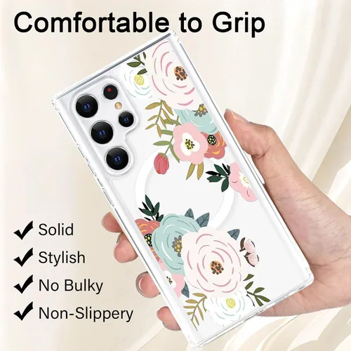 Vista 5 de Funda magnética para Samsung Galaxy S22 Ultra Flower, compatible con MagSafe, patrón floral transparente a prueba de golpes, parte trasera