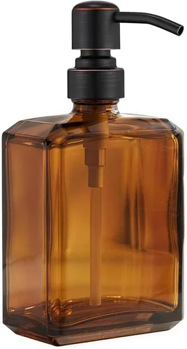 Vista 10 de Dispensador de jabón de vidrio ámbar rectangular, bomba negra, 13.5 Botella ámbar con bomba negra
