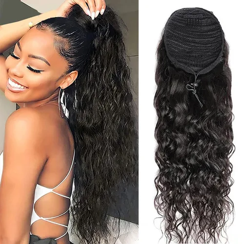 Vista 15 de Cola de caballo de cabello humano rizado con cordón brasileño Remy Extensin 3C Kinky Curly Hair Clip en pieza de pelo color natural sedoso suave 10