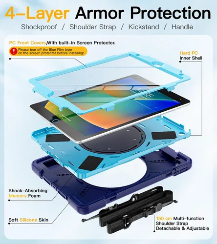 Vista 6 de BRAECN Funda para iPad de 9ª/8ª/7ª generación, resistente funda de silicona apta para niños con soporte plegable/asa para lápices, correa de hombro