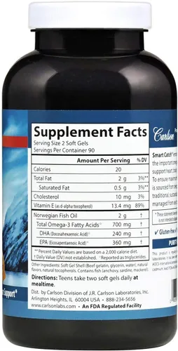 Vista 2 de Carlson Teen's Smart Catch, limón natural, 700 mg, 180 geles blandos (350 mg por gel suave)