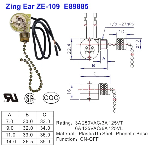 Vista 5 de Interruptor de luz para ventilador de techo Zing Ear ZE-109 de dos cables con cordones de tracción, interruptor de control de encendido/apagado