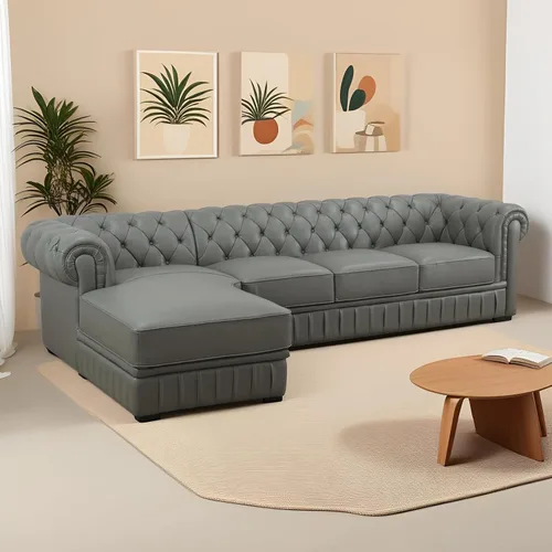 Vista 8 de Sofá seccional en forma de L, conjunto de sofás de cuero, sofá grande de piel de vaca con sillón reclinable a la izquierda, adecuado para oficina