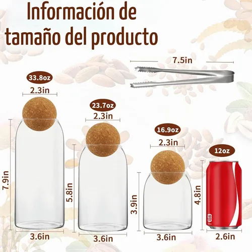 Vista 2 de SuproBarware 3 tarros de vidrio con bola redonda de corcho, botellas de vidrio transparente de corcho con recipientes de vidrio de corcho