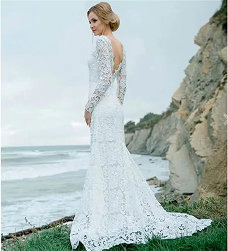 Vista 2 de MASHENGYUE Vestidos de novia de sirena de encaje vintage para mujer, vestidos de novia de manga larga, vestidos de novia
