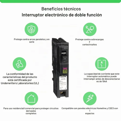 Vista 2 de Square D de Schneider Electric Square D - HOM115PDFC Homeline - Interruptor de circuito de función dual (CAFCI y GFCI) de 15 Amp, unipolar, neutro