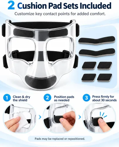 Vista 5 de Nose Guard for Broken Nose, Face Shield Mask for Soccer and Basketball Polycarbonate, Adjustable Straps, 2 Cushion Pad Sets, Lightweight Face