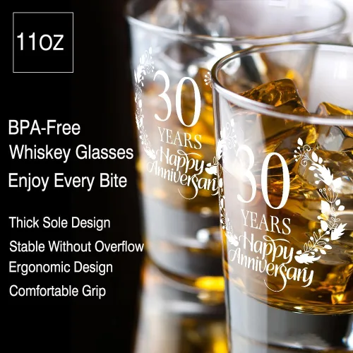 Vista 3 de Perfectinsoy Juego de regalo de cristal de whisky de 30 años, regalo de boda para mamá, papá, abuelos, alma gemela, pareja, regalos de 30 años