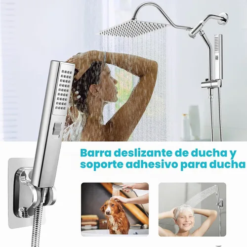 Vista 6 de Cabezal de ducha de lluvia, cabezal de ducha rectangular de 12 x 8 pulgadas con rociador de mano, juego de cabezal de ducha doble con barra