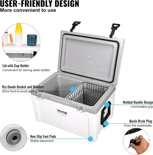 Vista 6 de VEVOR Enfriador Rígido Ultraligero, Enfriador de Retención de Hielo con Mango Resistente, Hielera Lonchera para Camping, Viajes, Exteriores, se