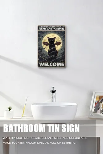 Vista 4 de Zomyto Arte de pared de gato de bruja, letrero de metal de terror de gato negro, regalos para amantes de los gatitos para mujeres y niñas