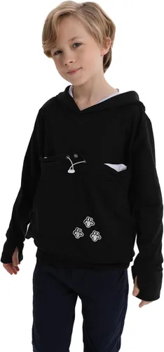 Vista 4 de LINYUCHEN Sudadera con capucha para niños y niñas, con bolsa de gato, sudadera de manga larga con orejas de gato Negro