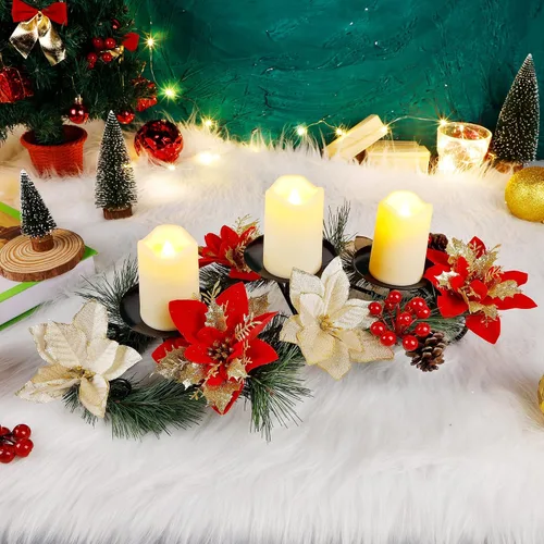 Vista 4 de FORUP Centro de Mesa de Navidad, Portavelas de Navidad, Centro de Mesa de Navidad con Poinsettia y 3 Velas Sin Llama, Candelabro Romántico