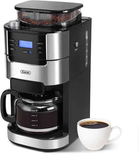 Vista 9 de Gevi Cafetera de goteo de 10 tazas con molinillo integrado, máquina de café combinada de moler y preparar rebabas con pantalla táctil, programable