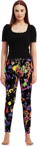 Vista 4 de sissycos - Leggings elásticos y suaves para mujer, con estampado salpicado artístico de neón y estilo de los años 80