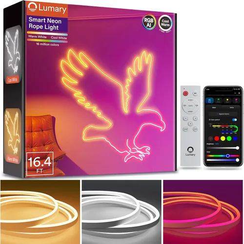 Vista 10 de Lumary Luz inteligente RGBAICW de neón para interiores, luces LED de 9.8 pies para dormitorio, funciona con Alexa/Google Assistant, 180 LEDs/m RGB