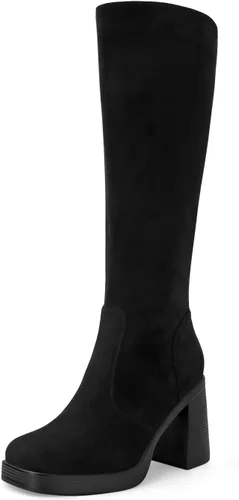 Vista 12 de SOVANYOU Botas de cuero negro Botines de plataforma para mujer Botas de tacón cuadrado con plataforma Botas de tacón grueso con punta cuadrada Botas