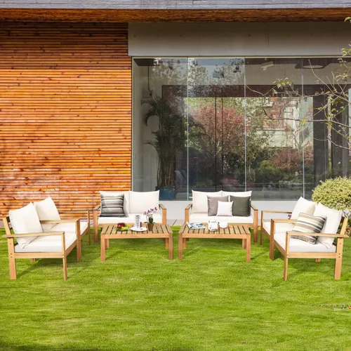 Vista 11 de COSTWAY Juego de 4 sofás de madera de acacia para exteriores, juego de sofá de conversación al aire libre con mesa y cojines, sillas de porche